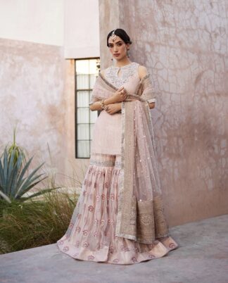 Fazia Saqlain Pink Garara Set – Heavy Formal with Long Sleeves