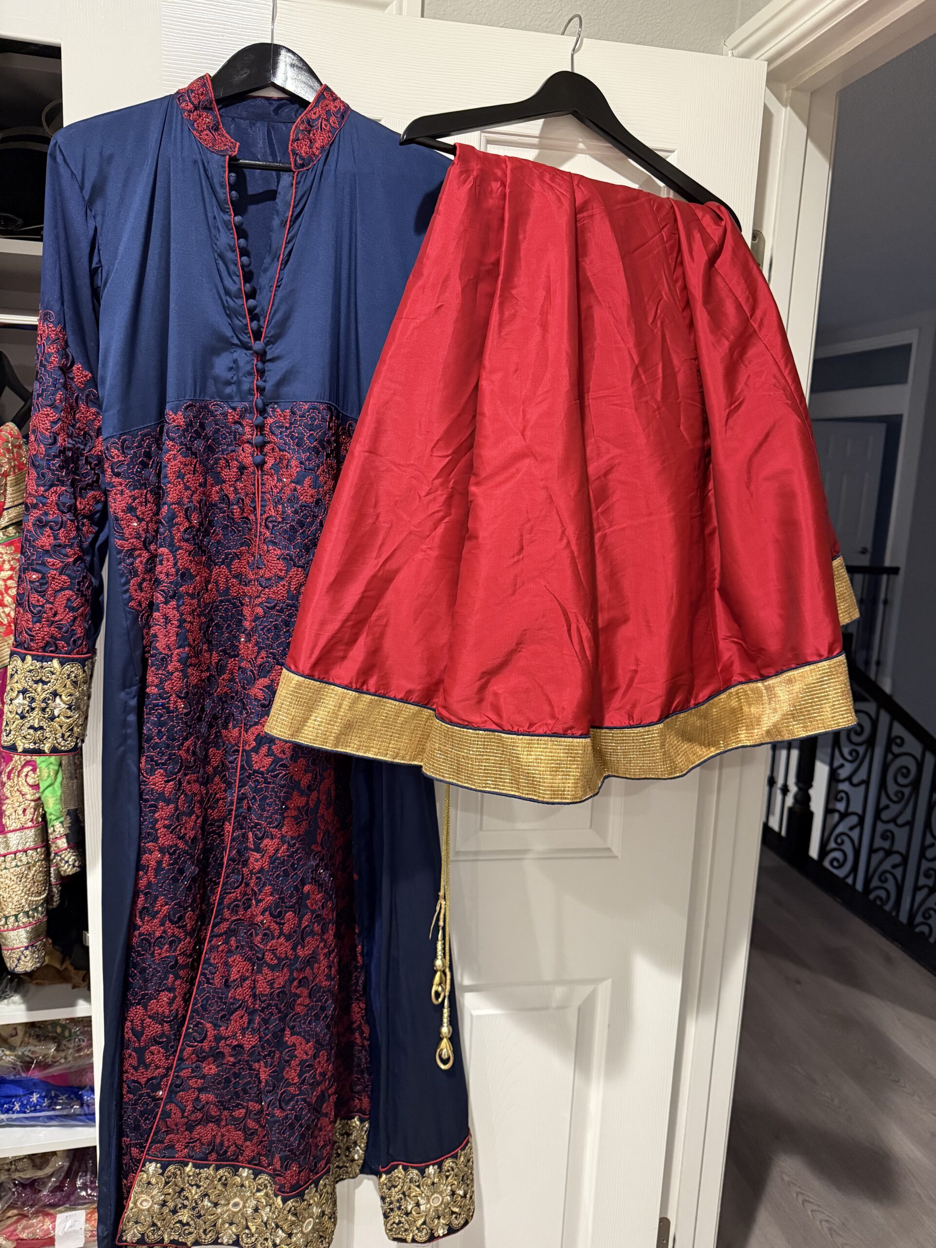 Navy Blue and Red Embroidered Lehenga Set with Gold Border