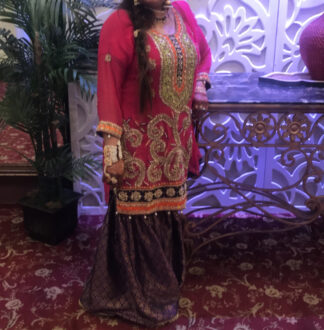 3 PIECE PINK MEHDNI SUIT WITH PURPLE GHARARA PANTS