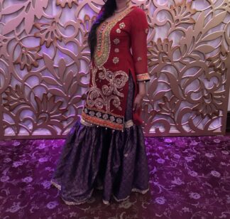 3 PIECE RED AND PURPLE GHARARA MENDHI SUIT