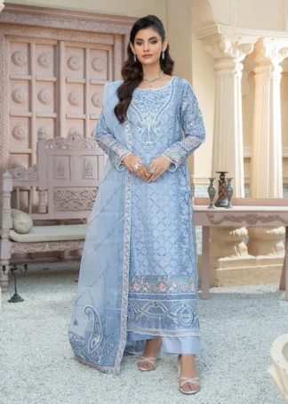 Ice Blue Embroidered Organza 3-Piece Salwar Kameez Set (Fully Stitched)