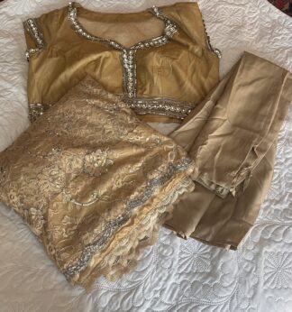 Gold Chantilly Lace Sari with bead work and sequin embroidery. Heavy crystal work blouse and petticoat included.