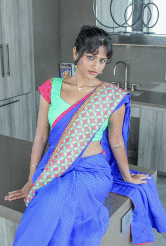 Electric Blue Saree with Green & Pink Blouse