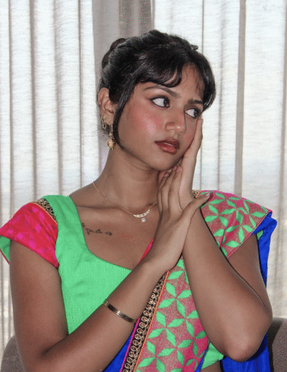 Electric Blue Saree with Green & Pink Blouse - Image 2