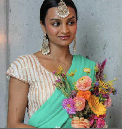 Pearl Green Saree with Beaded Border and Pearl Blouse - Image 2