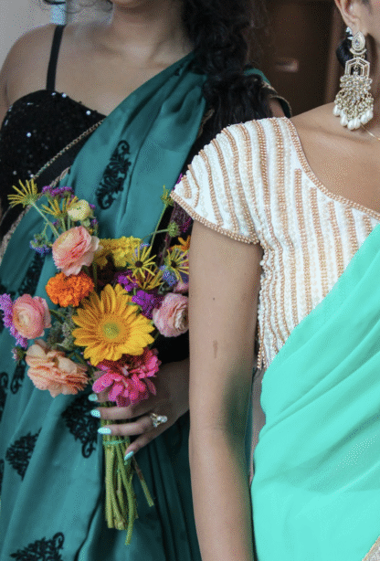 Pearl Green Saree with Beaded Border and Pearl Blouse - Image 3