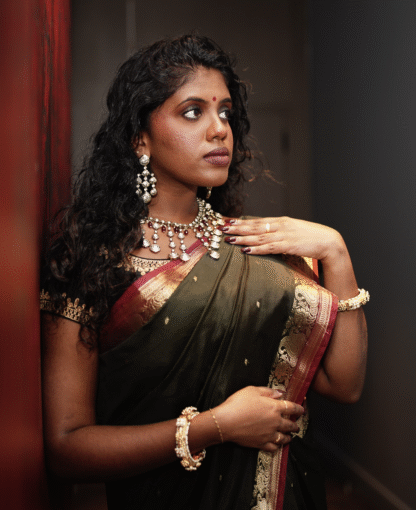 Deep Silk Saree with Maroon and Gold Border - Image 2
