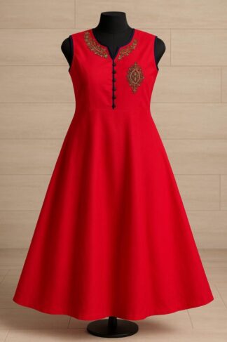 Red Sleeveless A-Line Dress with Embroidered Neckline for Kids