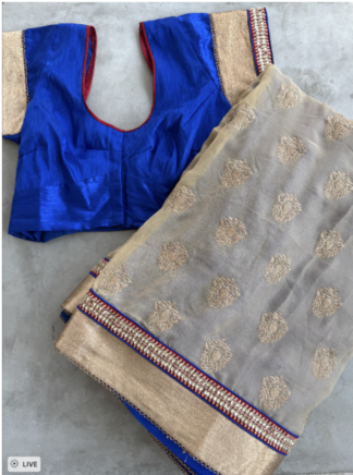 Cobalt Blue & Champagne-Gold Sari