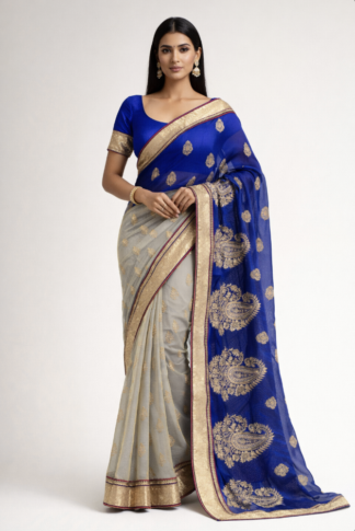 Cobalt Blue & Champagne-Gold Sari