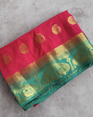 Rani Red & Green Sari Set — Gold Motifs, Temple-Style Border, Matching Blouse