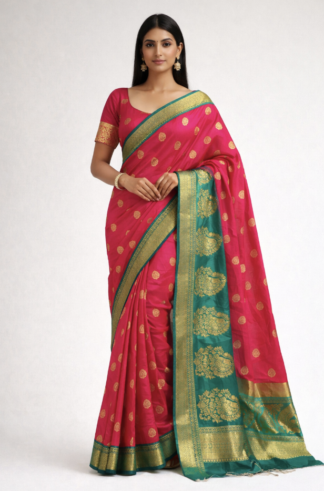 Rani Red & Green Sari Set — Gold Motifs, Temple-Style Border, Matching Blouse