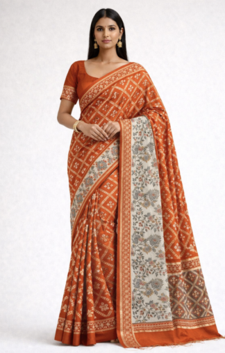 Rust Orange & Ivory Sari with Geometric Border