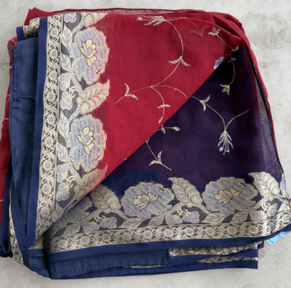 Wine Red Embroidered Saree with Deep Navy & Gold Floral Border