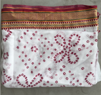 White Bandhani-Style Saree with Red & Gold Border