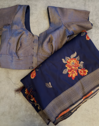 Navy Blue Floral Saree with Gold Woven Border (Matching Brocade Blouse)