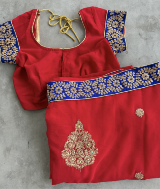 Red Saree with Royal Blue & Gold Embroidered Border + Matching Blouse