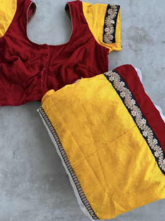 Mustard Yellow, Black & White Saree with Floral Lace Panel + Matching Velvet Red Blouse