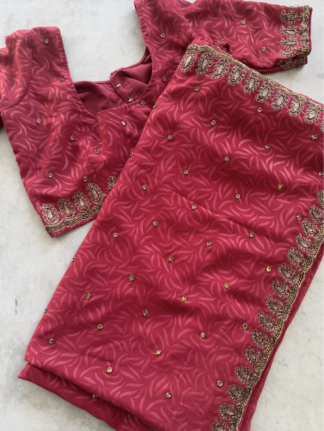 Deep Rose Saree with Gold Embellished Border + Matching Blouse