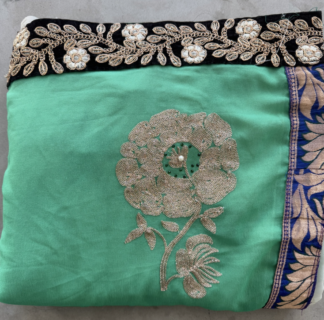 Elegant Green & Ivory Sheer Saree with Floral Embroidery + Lace Detail (Minor Stain)