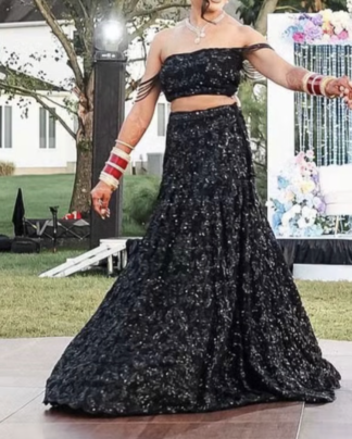 Black Sequin Embroidered Lehenga Set with Off-Shoulder Blouse – Perfect for Wedding Reception