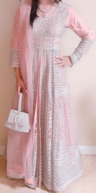 Blush Pink Heavily Embellished Anarkali Dress with Silver Zardozi Work