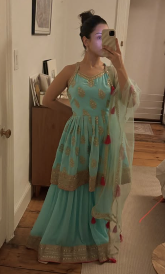 Aqua Blue & Gold Set with Tassel Dupatta