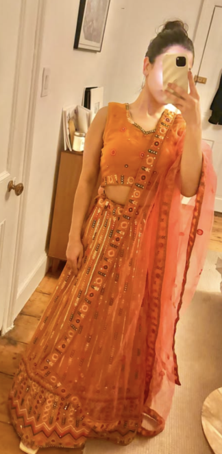 Vibrant Orange Mirrorwork Lehenga Set with Dupatta