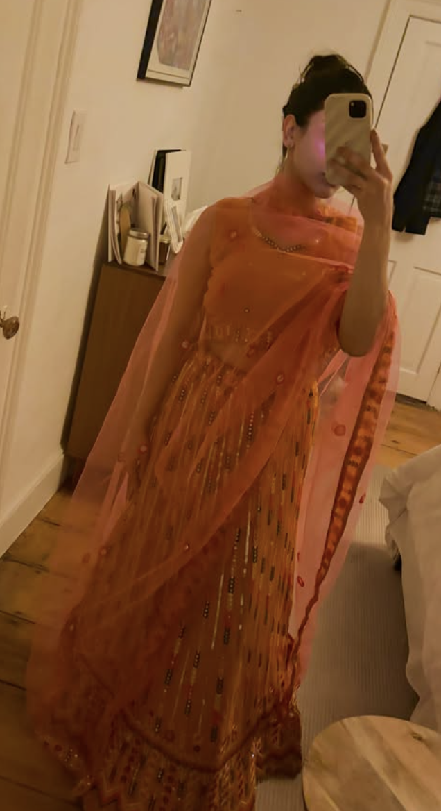 Vibrant Orange Mirrorwork Lehenga Set with Dupatta - Image 3