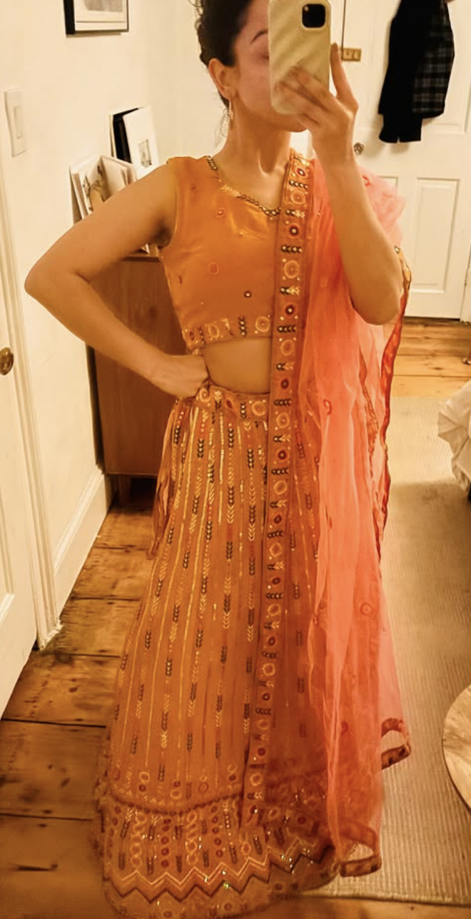 Vibrant Orange Mirrorwork Lehenga Set with Dupatta - Image 2