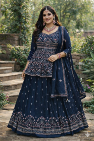 Navy and Pink Peplum Top Lehenga with Cancan
