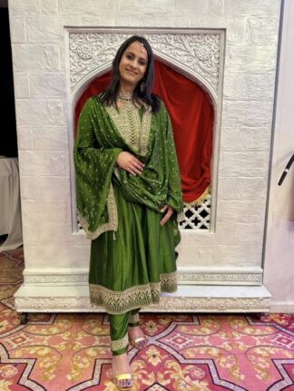 Green anarkali with beautiful heavy dupatta and straight trousers