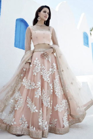 Peach Foil Embroidered Net Lehenga