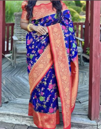 Midnight Blue Floral Banarasi Saree with Coral Zari Border