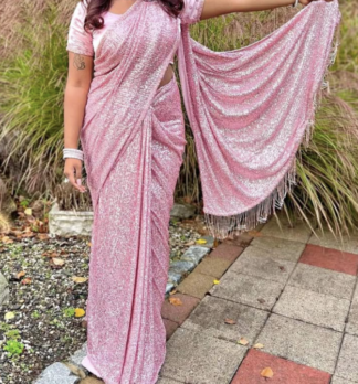 Blush Pink Sequin Drape Saree with Fringe Pallu