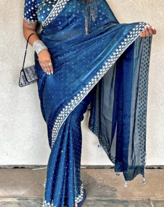 Teal Blue Embellished Saree with Silver Border Detail