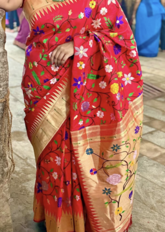 Vibrant Red Floral Silk Saree with Gold Border