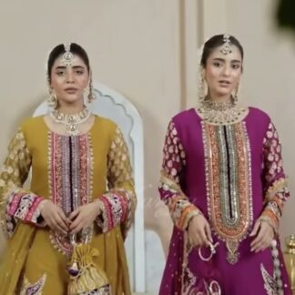 Pakistani brand karma 4 pc chiffon dress with heavy embroidery and gotta work with shalwar