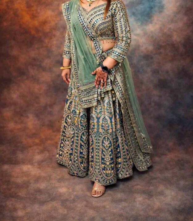 3 Piece Intricate Teal Blue Lehenga Set