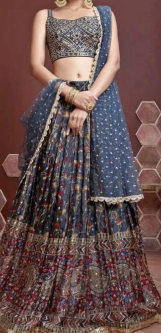Blue and Gold Printed Lehenga with Net Dupatta