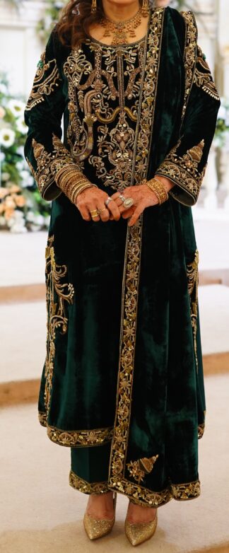Bridal Bottle Green Velvet Shirt, Trouser, Dupatta – Heavy Gold Embroidery Formal Suit