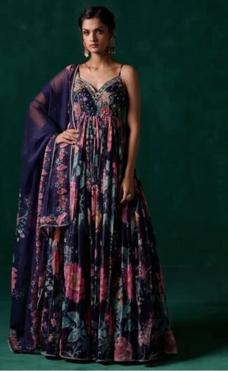 Navy Blue Multicolor Floral Printed Anarkali