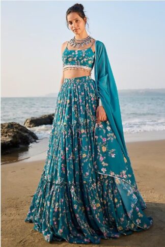 Teal Floral Printed Lehenga