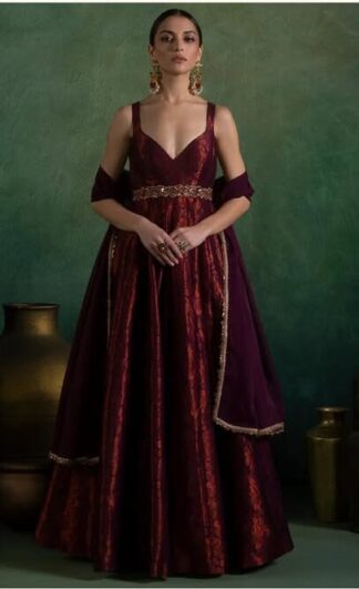 Wine Embroidered Brocade Anarkali