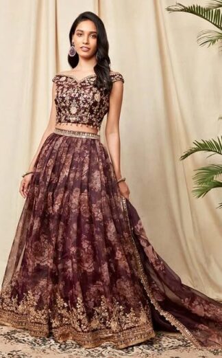 Deep Purple Floral Organza Lehenga