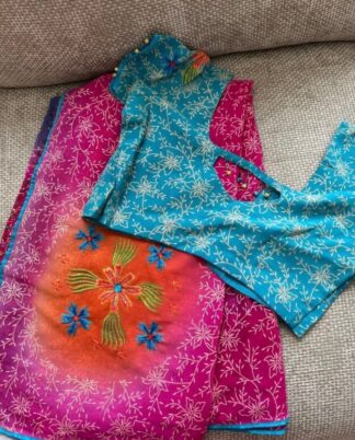Turquoise and Fuchsia Floral Embroidered Chiffon Saree Set