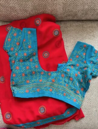 Teal and Scarlet Red Georgette Saree with Ornate Resham Embroidery